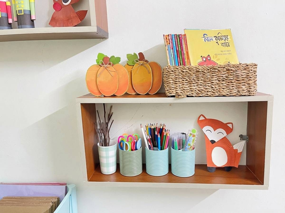 Shelves of organized craft materials at the Creative Owls academy, including scissors, pencils and paper crafts
