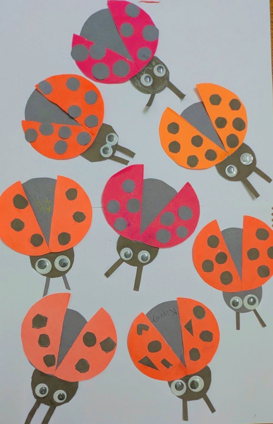 Handmade paper ladybug crafts made by Creative Owls students